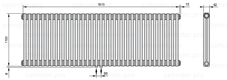 Схема (чертеж) Радиатор Zehnder Charleston 2110/35 №3470 Белый глянцевый RAL 9016